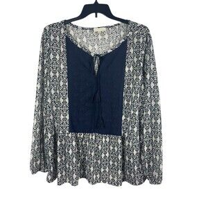 Kate & Sam 3X Boho Peasant Top Navy Embroidered Tassel Sheer Long Sleeve Top
